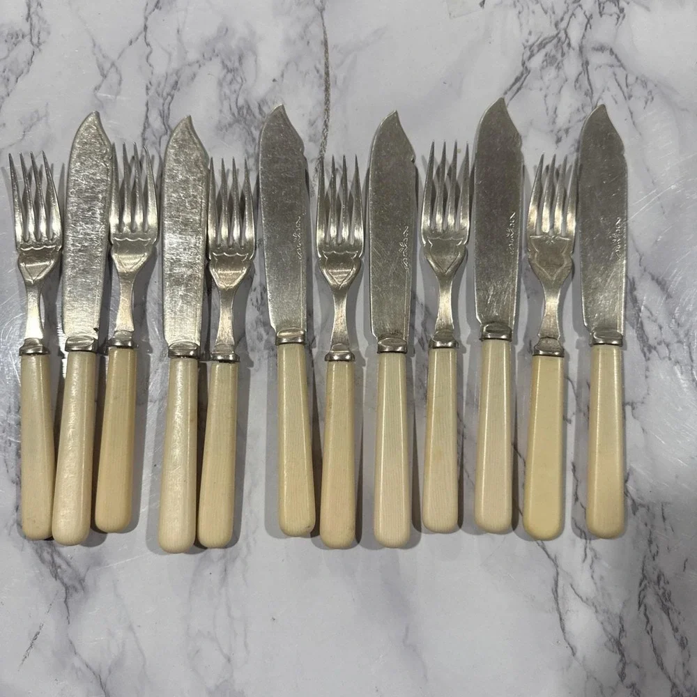 6 Sets Antique Fish Serving Knife & Fork Silver Plate Celluloid Handles D&S G